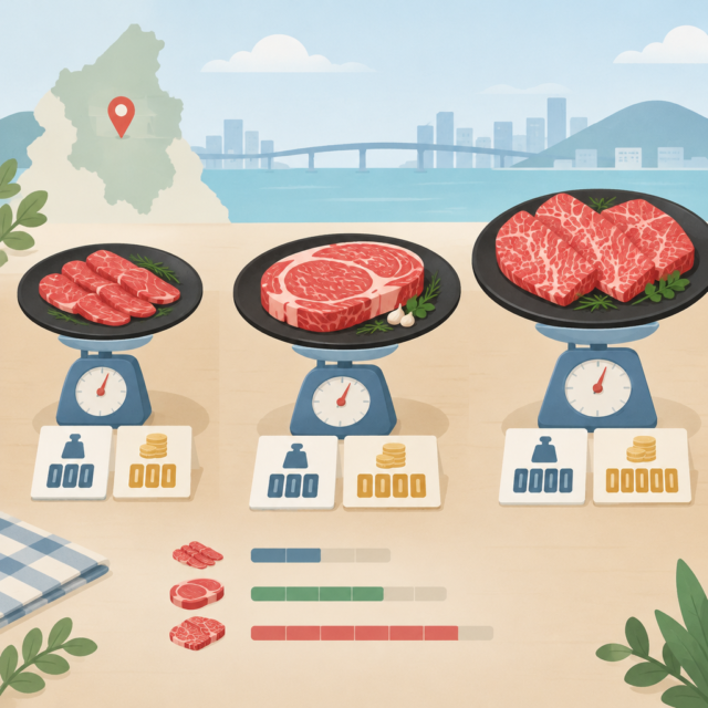 AI 생성 설명 이미지 1: 안산일동맛집 한우 특수부위와 꽃등심, 중량·가격 표기 비교