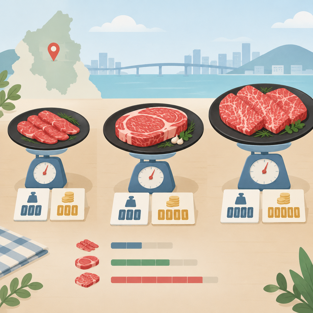 AI 생성 설명 이미지 1: 안산일동맛집 한우 특수부위와 꽃등심, 중량·가격 표기 비교